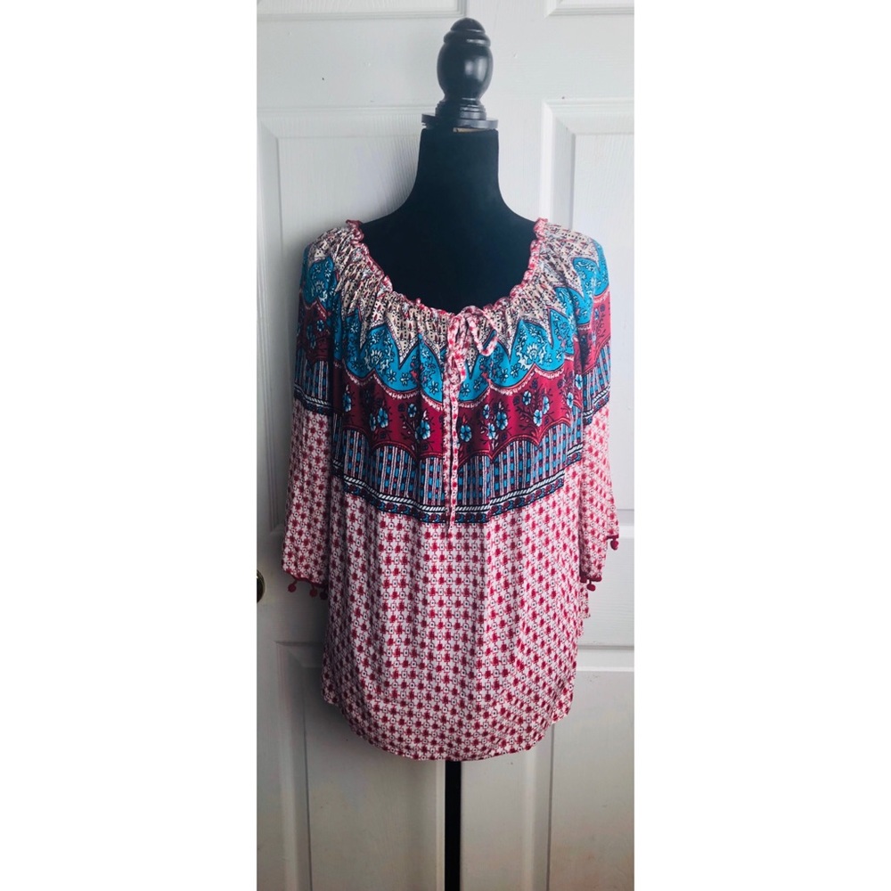 Umgee pink boho off the shoulder tie front top - Picture 4 of 9